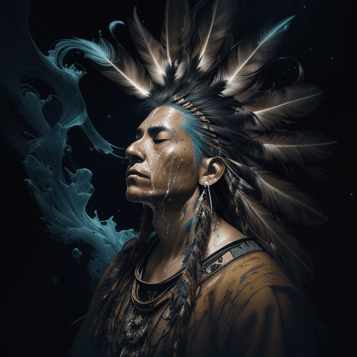 AI generated: alberto seveso art, native american man meditating in space nebula, feathers in the head, water ink,...