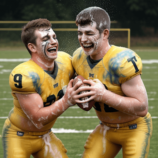 AI generated: two laughing rugged, sweaty, caucasian american football players in pads and jerseys, throwing custa...