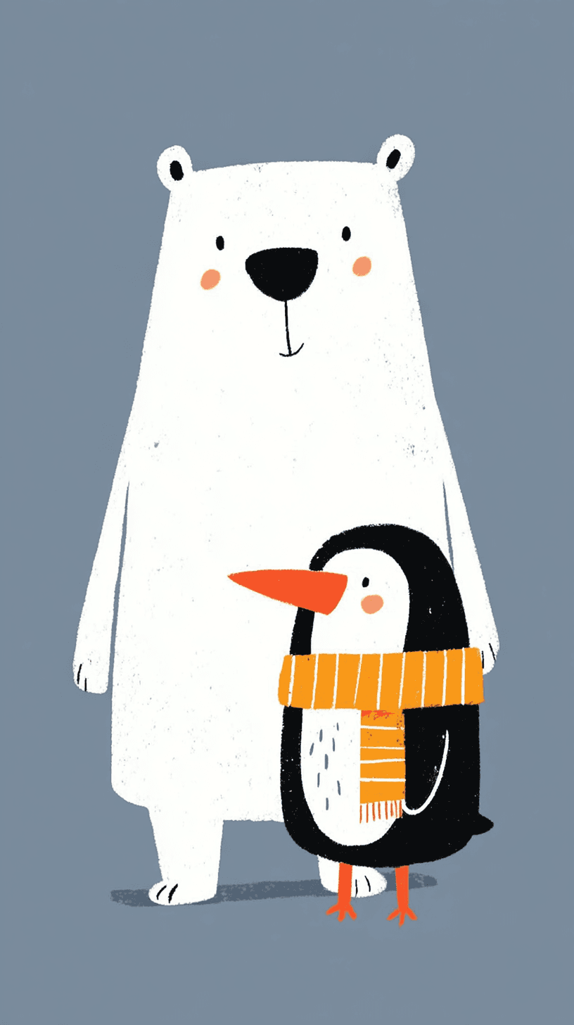AI generated: animal character, polar bear with penguin, simplify, cute, clean, pastel slate background --ar 9:16 ...