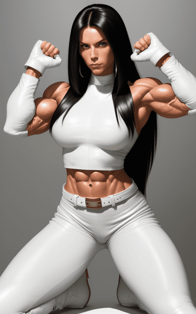 AI generated: 30 year old very  strong muscular woman, six pack,  toned biceps, long black hair, wears white Leath...