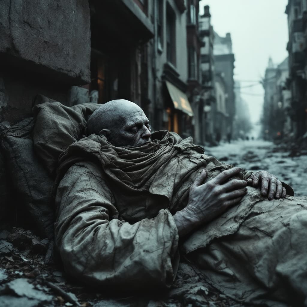 AI generated: A sleeping giant with a very small head, dressed in rags, in a desolate city, Cold Atmosphera, cinem...