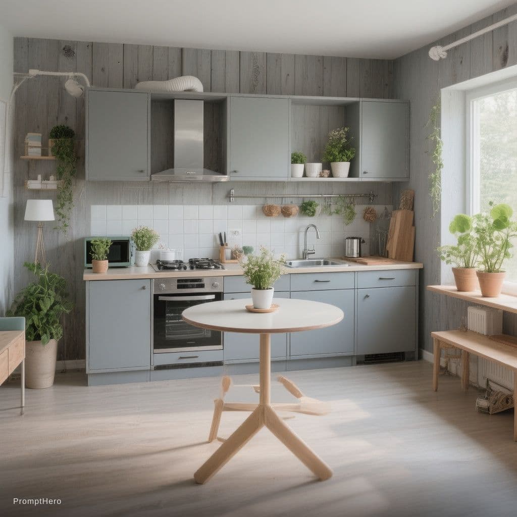 AI generated: a small kitchen with a gray kitchen set, light floor,gray wooden walls, with a round table in the mi...