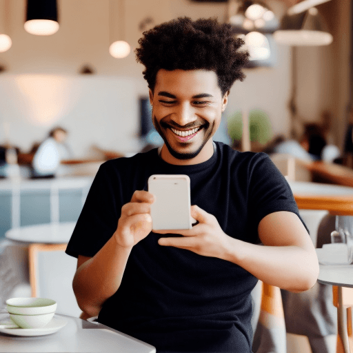 AI generated: Short clip of a person smiling while holding a phone in a comfortable setting (like at home or a caf...