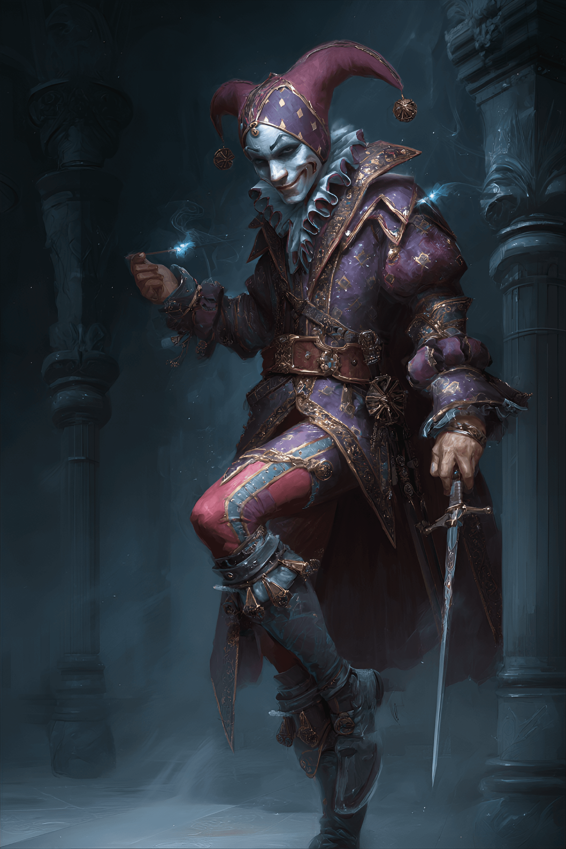 AI generated: jester-like figure, centrally positioned, is depicted in a fantasy style. The character appears to b...