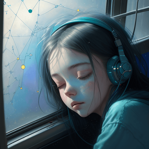 AI generated: girl, headphones, sleeping, in bus, star map outside,  in the style of Pino Daeni,  outside shine,, ...