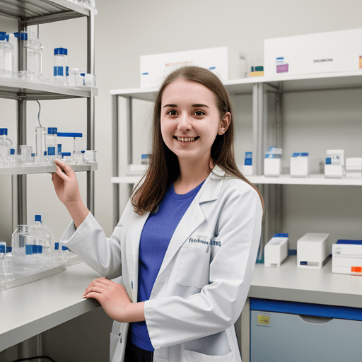 AI generated: 24 year old girl, analytical chemist, standing in lab, grinning, lab coat, fume cupboard in backgrou...