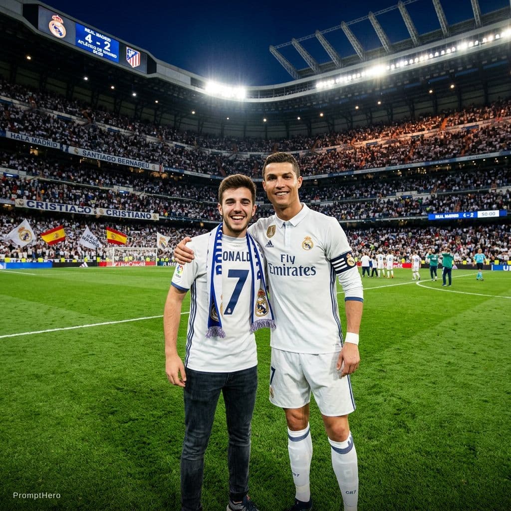 AI generated: Este chico y cristiano ronaldo en el bernabeu. Cambia por este hombre
