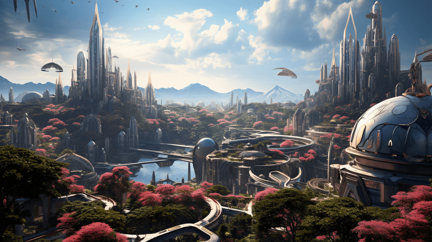 AI generated: Award-winning depiction of a solarpunk cityscape in the style of Digital Painting: A futuristic city...