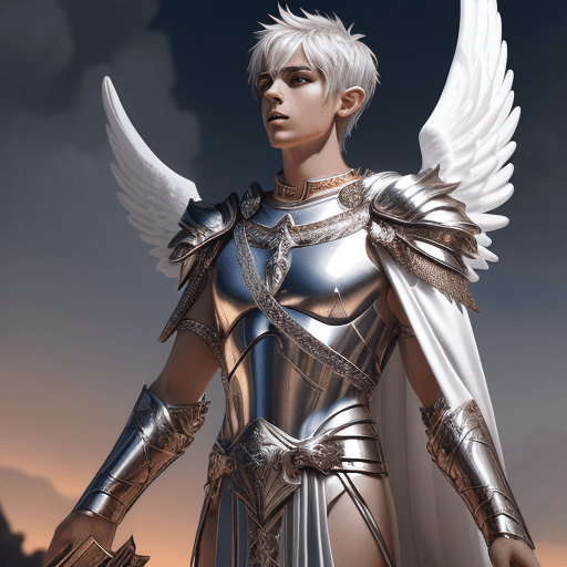 AI generated: Male divine androgynous gorgeous, with a white gold high angelic armor, dark epic, roman toga, cinem...