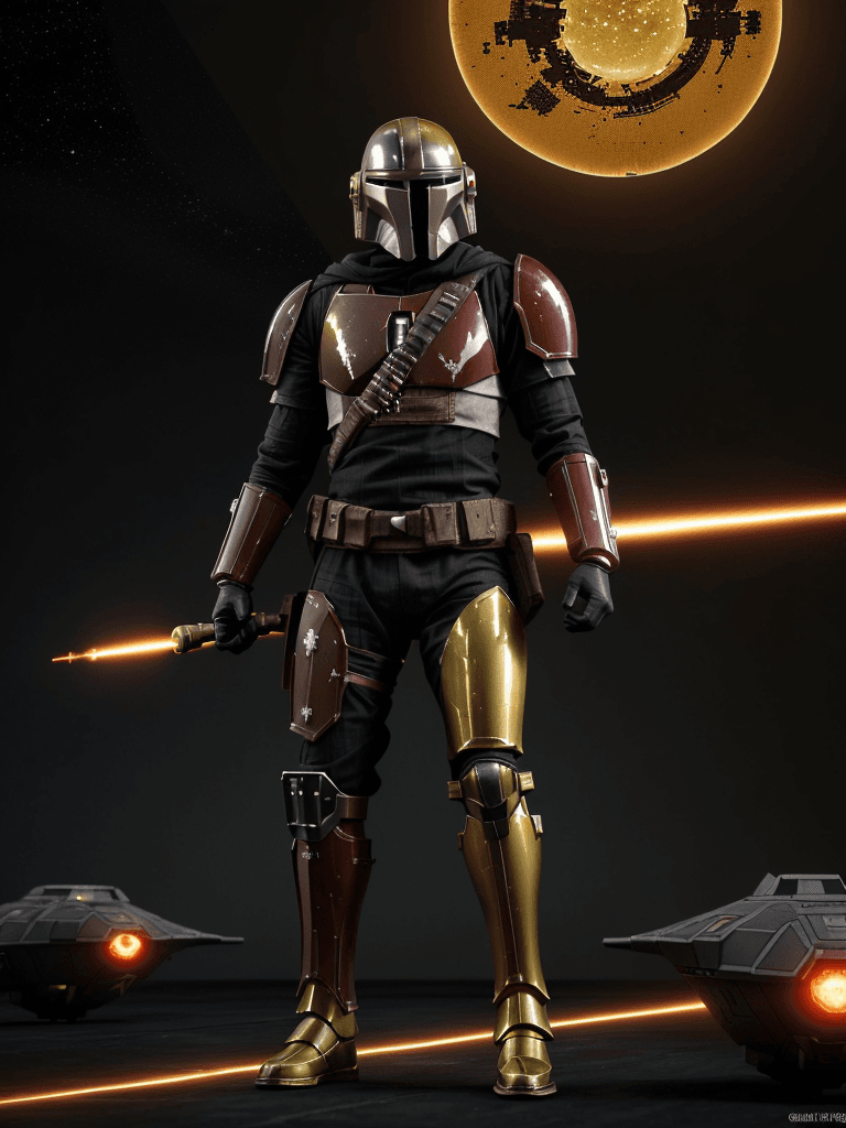 AI generated: A haunting scene of a mandalorian with a golden armor| golden armor(red glowing eyes:1.2)| in a rell...