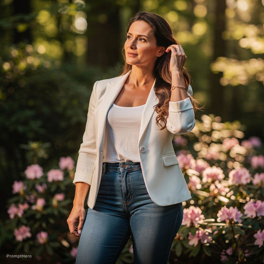 AI generated: Create a photorealistic image of a fit adult woman standing outdoors in a natural setting,wearing an...