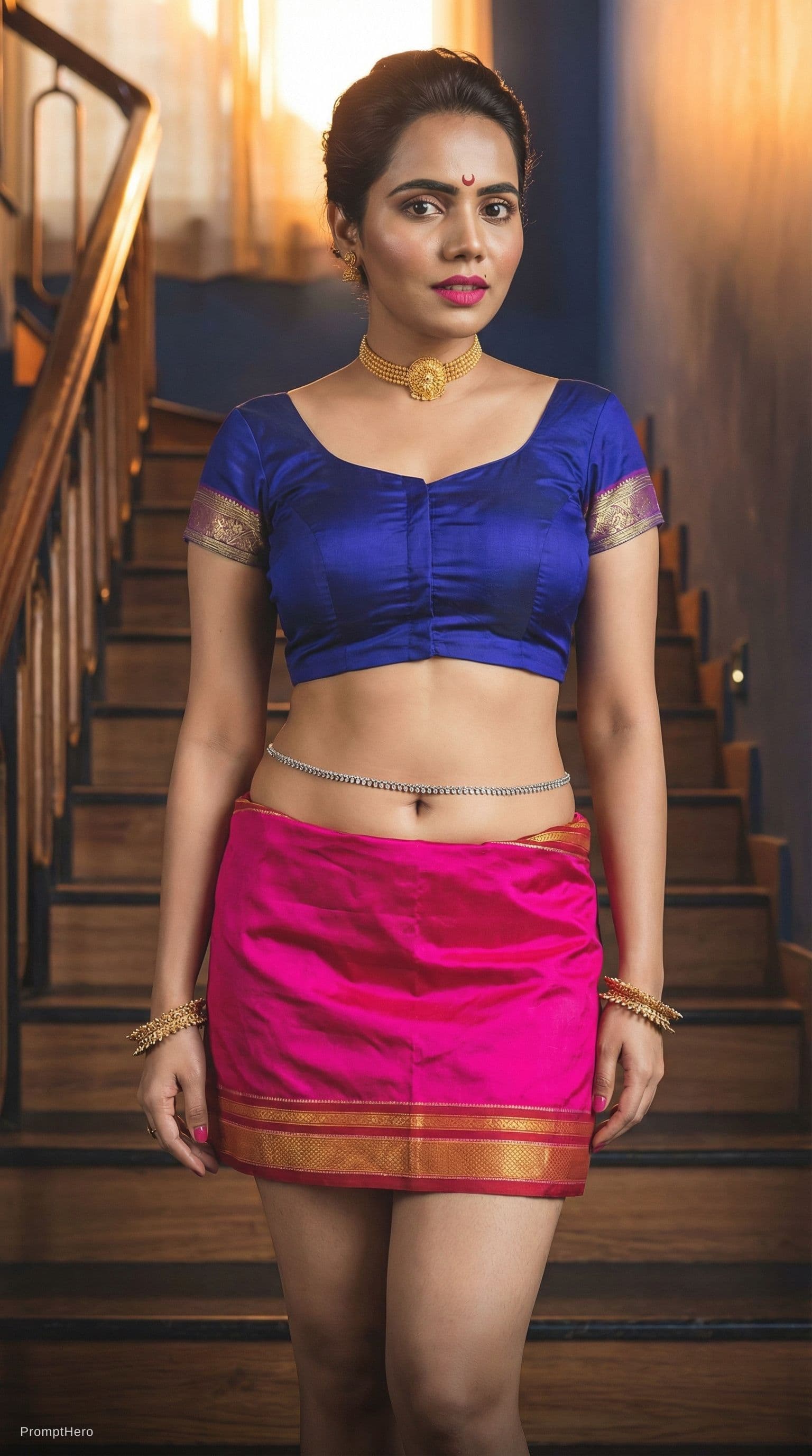 AI generated: wearing blouse choli with large busts and mini-skirt. naval is visible low waist skirt. wearing bang...