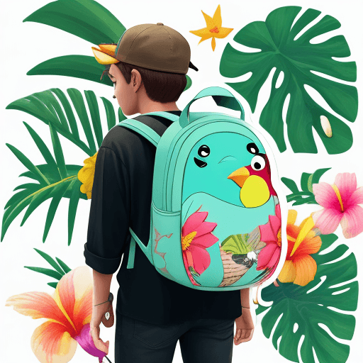 AI generated: a sticker with a cartoon tropical bird with a backpack, holding a flower