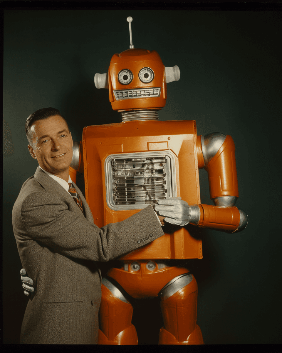AI generated:  man holds an orange robot by its arms, in the style of cecil beaton, aluminum, dallmeyer 3b 75mm f/...