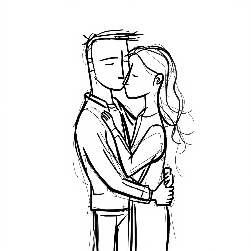 AI generated: abstract one-line drawing of a couple hugging each other in the style of Pablo Picasso, white backgr...