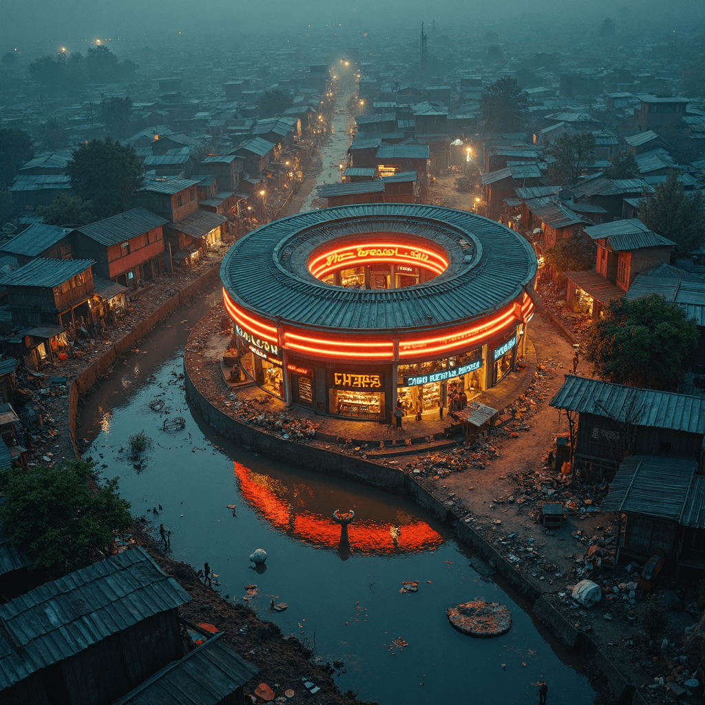 AI generated: photo top isometric angle of view of a donut-shaped illuminated shop-center building surrounded by e...