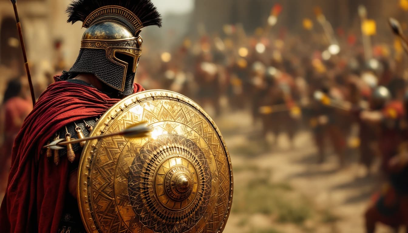 AI generated: Ultra-realistic .	63.	High-angle shot of Ario holding his shield in front of Parushat, arrows striki...
