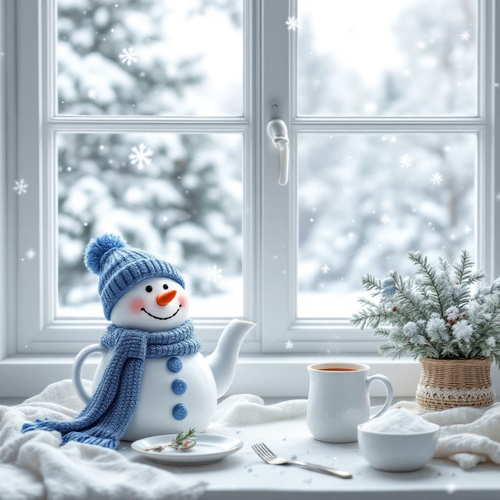 AI generated: winter interior in a delicate color scheme of white, blue and light gray shades. Soft snow is fallin...