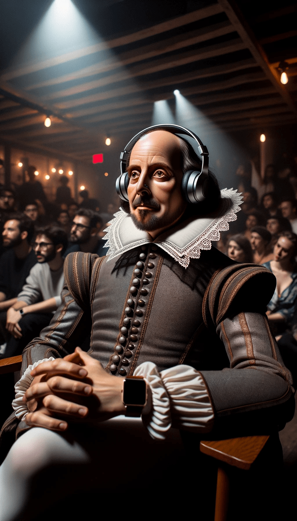 AI generated: Create a hyper-realistic, vibrant portrait of William Shakespeare attending a slam poetry night.