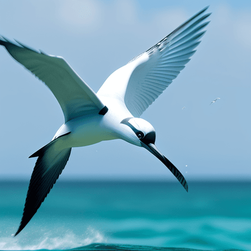 AI generated: Pájaro blanco ubicado en el medio del mar con delfines azules alrededor