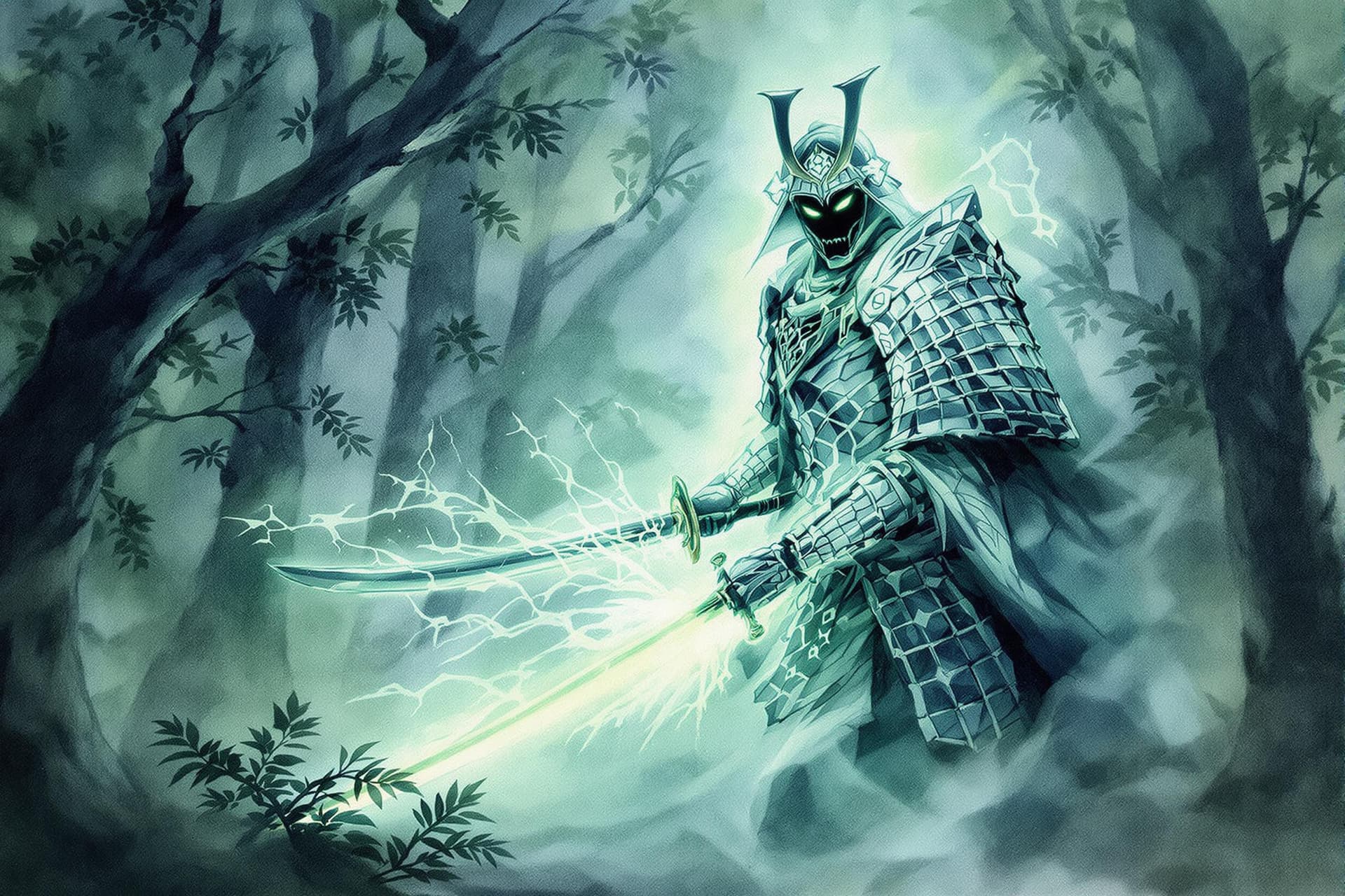 AI generated: A ghost samurai, his spectral form emerging from the misty depths of a dense forest. His ethereal ar...