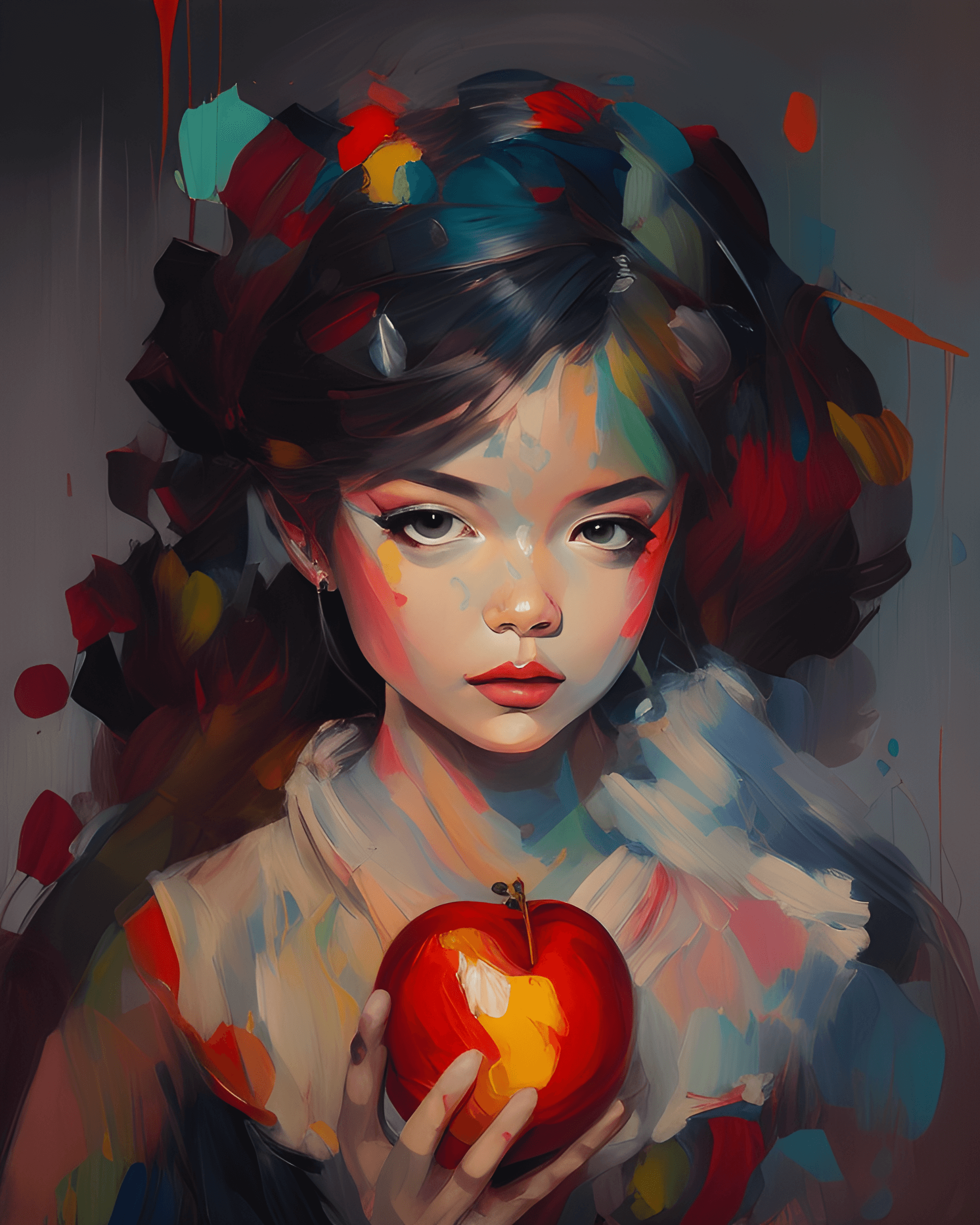 AI generated: a girl holding an apple, by loish, tumblr, vanitas, sage ( valorant ), (dark shorter curly hair), di...