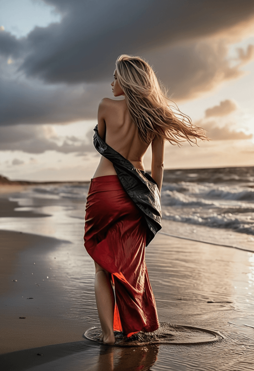 AI generated: woman, from behind, head tilted and turned to the side, long blonde hair with dark highlights blowin...