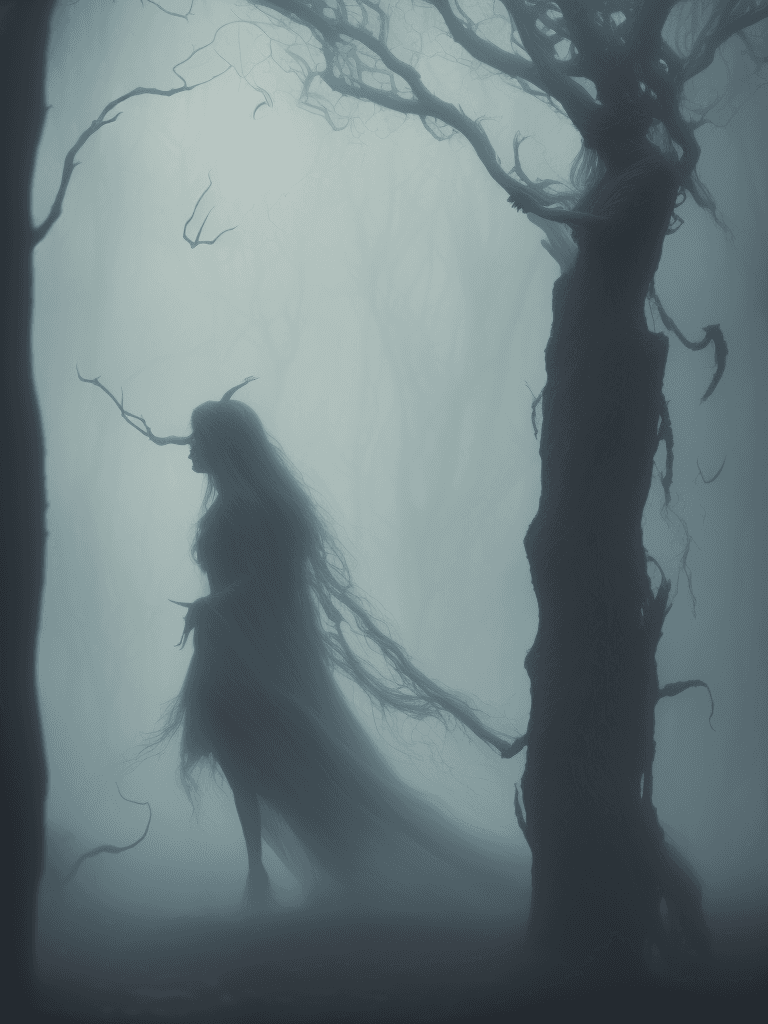 AI generated: witch in mist, Realistic, Hauntingly beautiful, feerie lighting, wispy tendrils, etherial, Highly de...