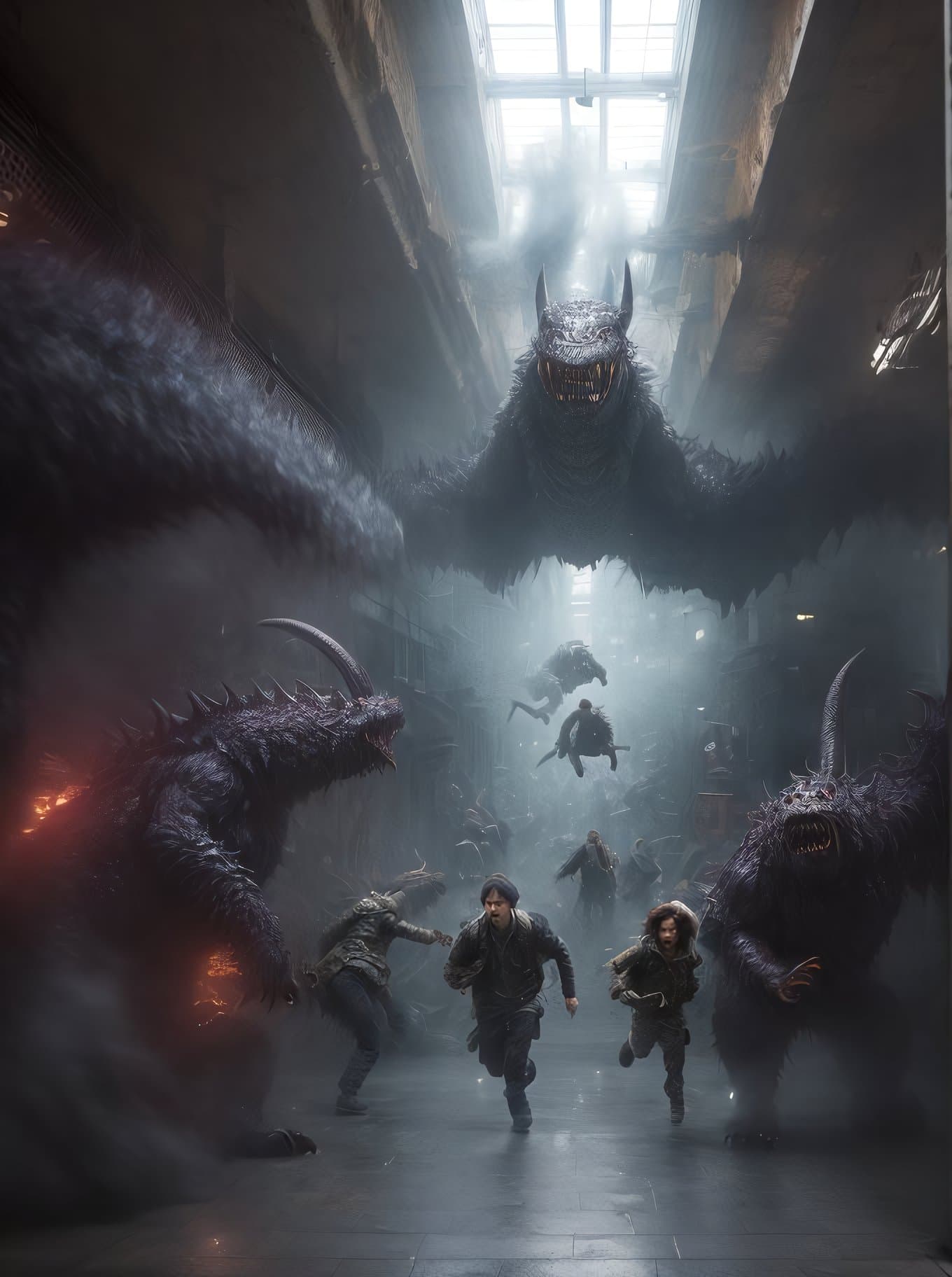 AI generated: people running from a monster in a subway, photo, 8k, hyper detailed art by daveshorror