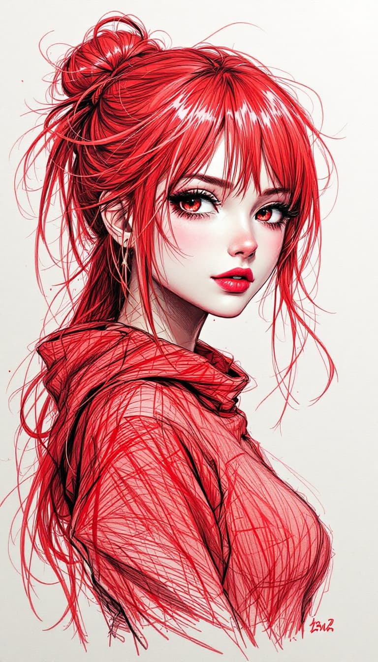 AI generated: girl, red pen drawing, sketch, anime, expressive