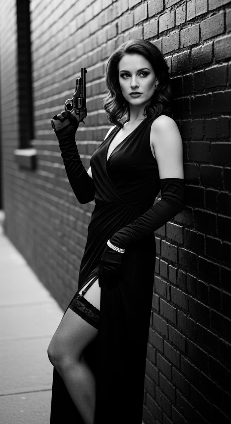 AI generated: A cinematic black and white image, shot in the style of a film noir still. A beautiful secret agent ...