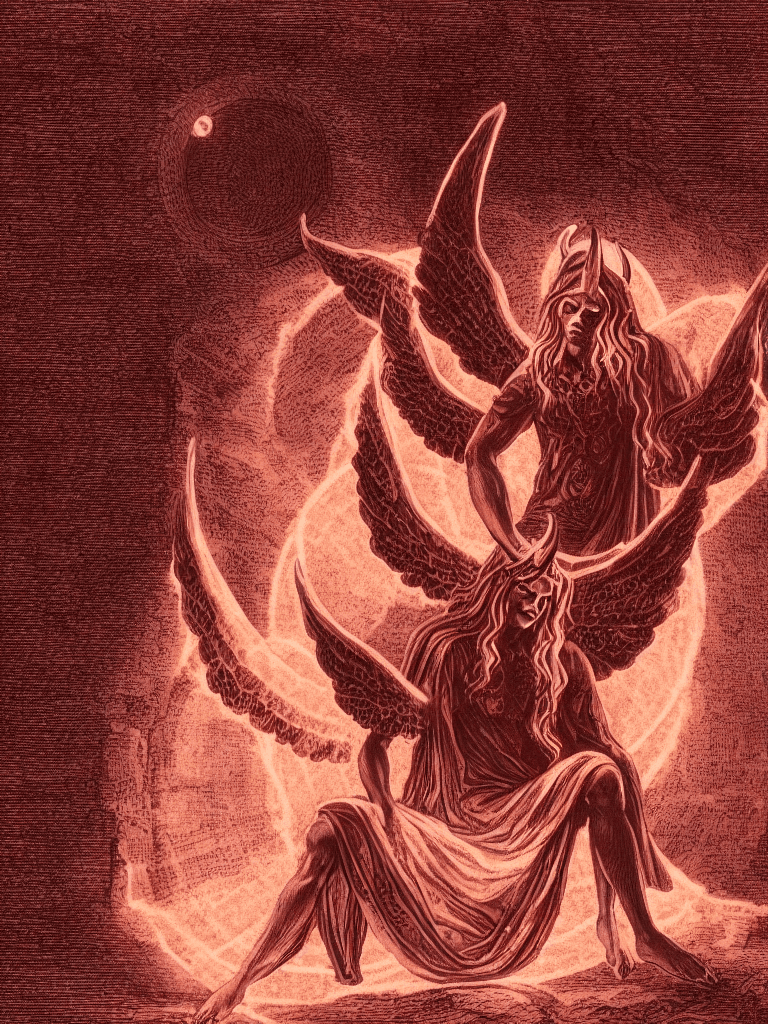 AI generated:  A mysterious demonic/angelic apostle figure, with horns and  huge demon wings sitting on a throne, ...