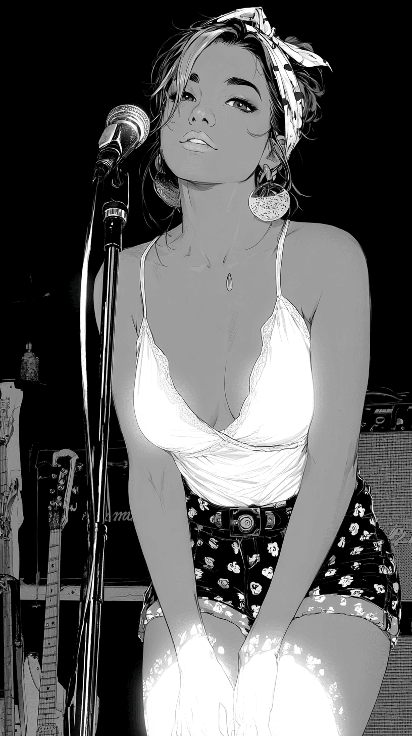 AI generated: Rocker girl, in the style of Frank Cho --stylize 500 --chaos 25