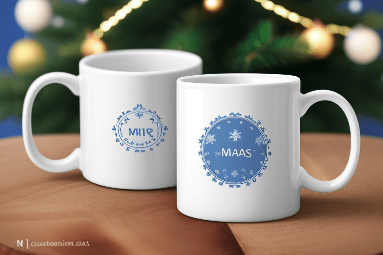 AI generated: mockup photo white mug with wery small logo 11oz white mug on a wooden texture table chrismas colour...