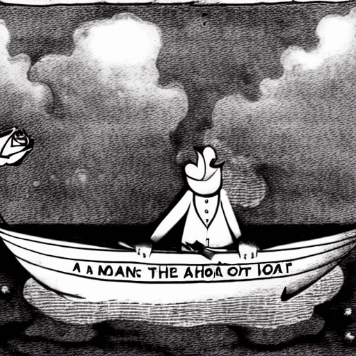 AI generated: a rose in a boat float in hell. a man trying to catch it with his hand full of blood.