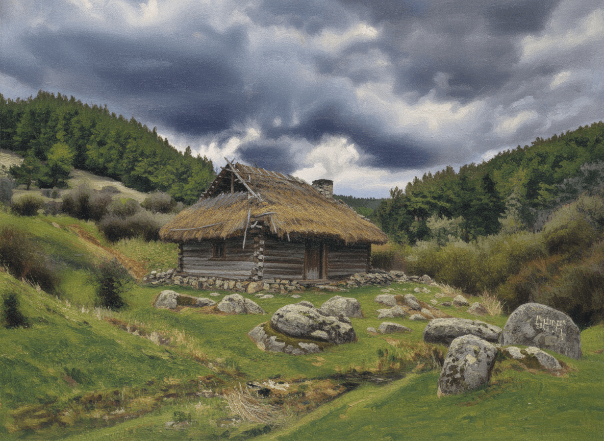 AI generated: Make in Clod Monet style, old village hut on top of the mountain, Balkan, rocks in Bulgaria from the...