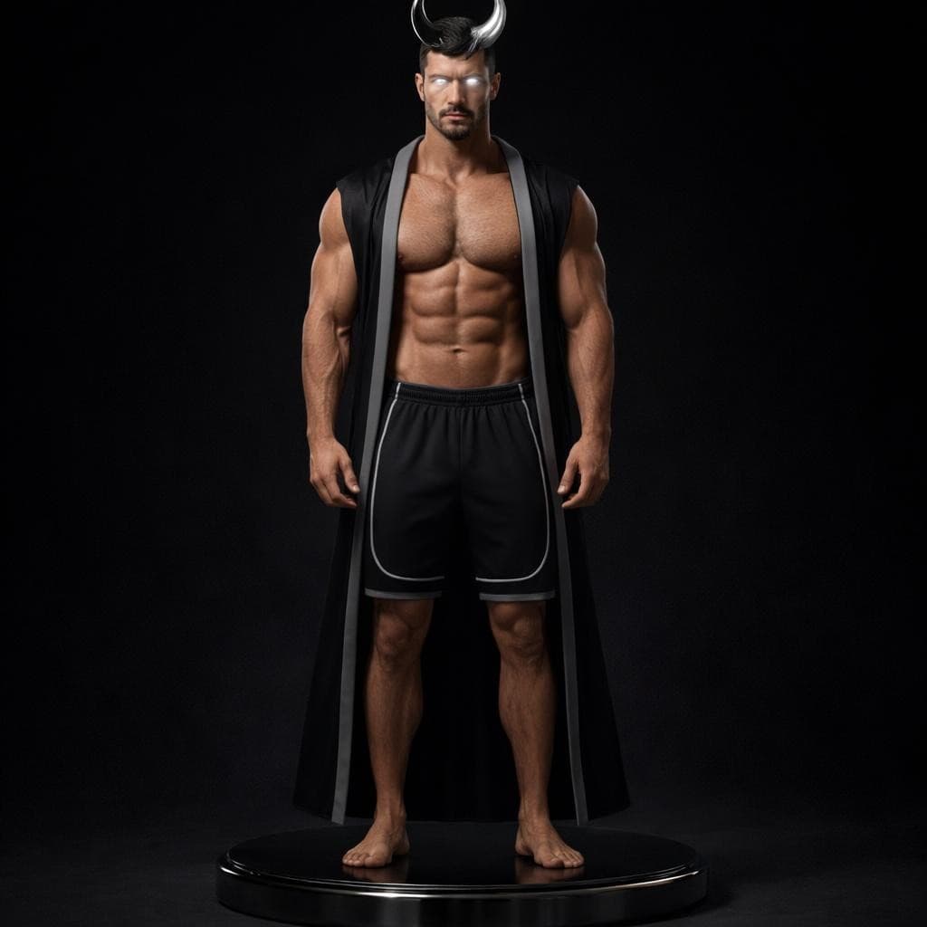 AI generated: Create a tall man with a pair of devil horns on his head with one being chrome black and the other b...
