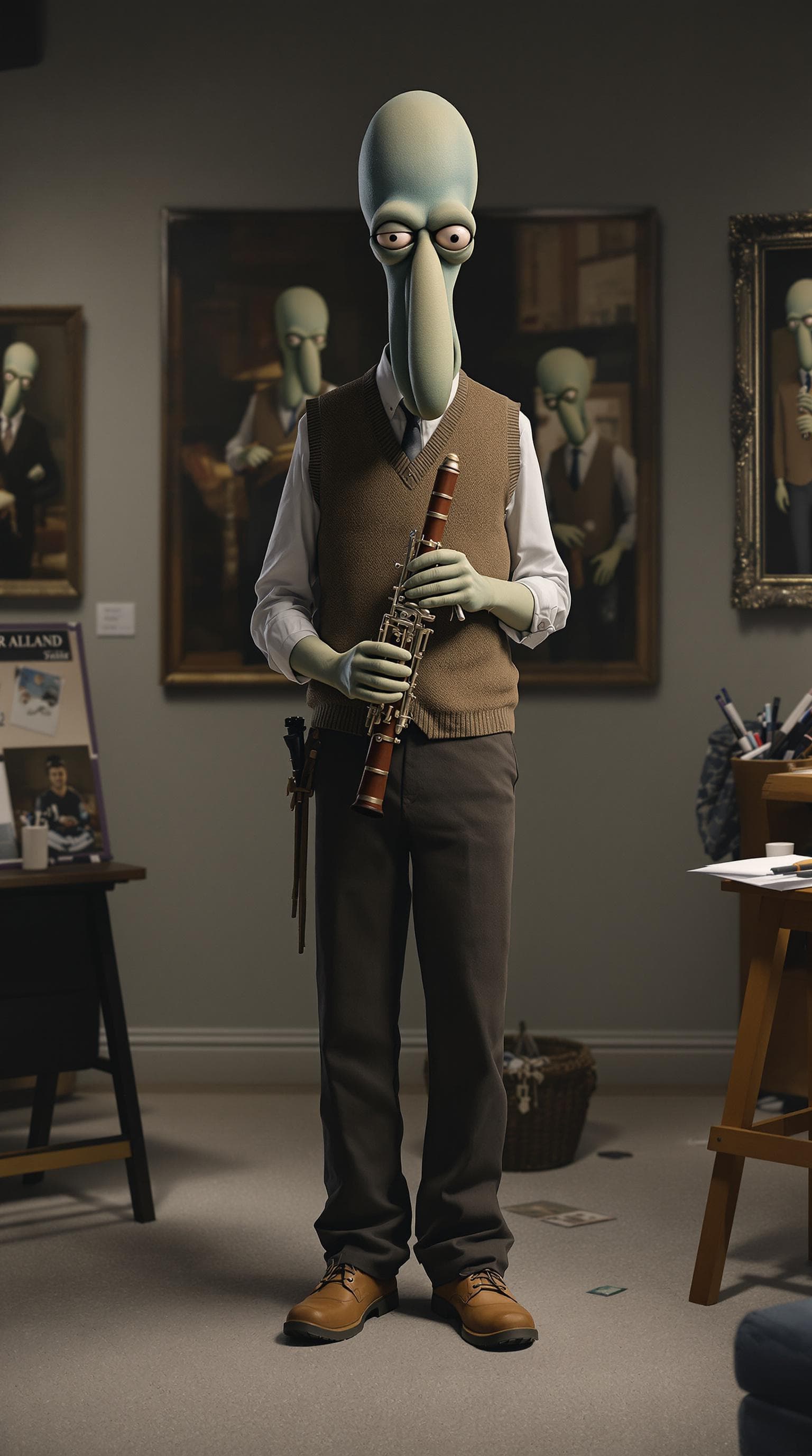 AI generated: A hyper-realistic portrait of a sophisticated artist inspired by Squidward; tall slender build; wear...