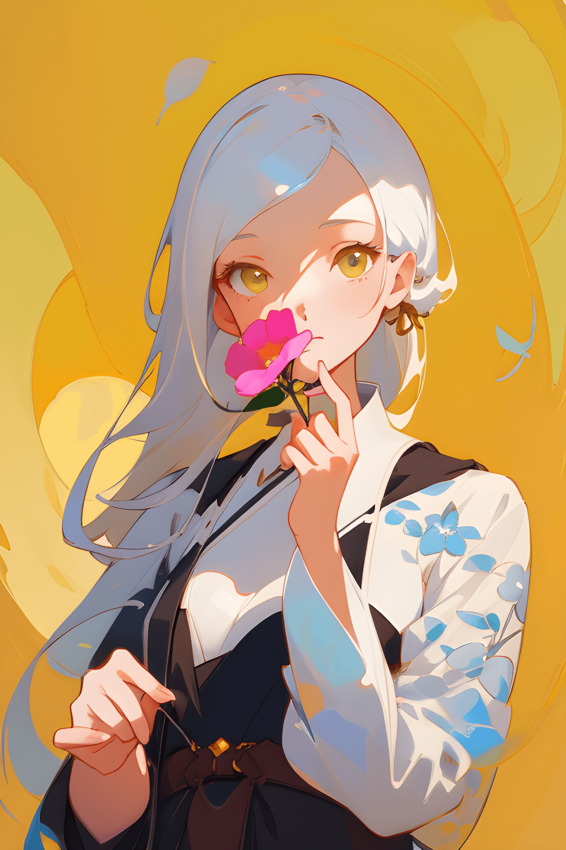 AI generated: a painting of a woman with a flower in her hand, a digital painting, inspired by loish, Artstation, ...