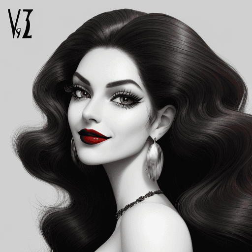 AI generated: Black and white smiling woman with beautiful hair, big red shiny lips, black eyelashes, slim waist, ...