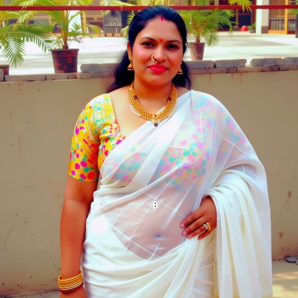 AI generated: Desi aunty full body with transparent white saree
note : open navel ,drop saree ,only bra , big ches...