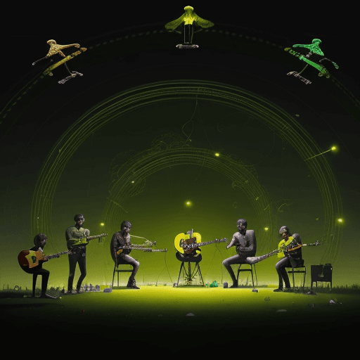 AI generated: Scene of some five youngs latin mens playing with the acoustic guitar and trombones, with colorful b...