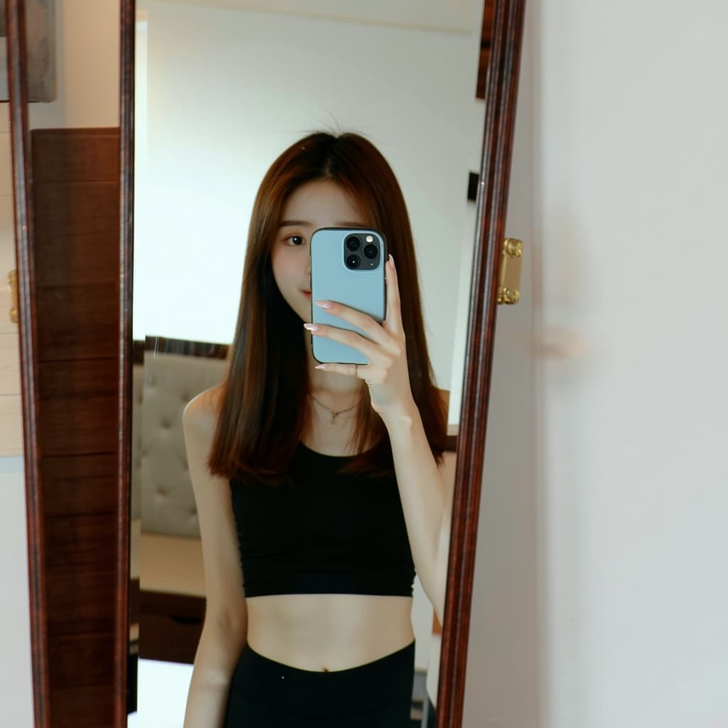 AI generated: the girl takes a photo with her phone of herself in the mirror, she has 24 years old, has straight b...
