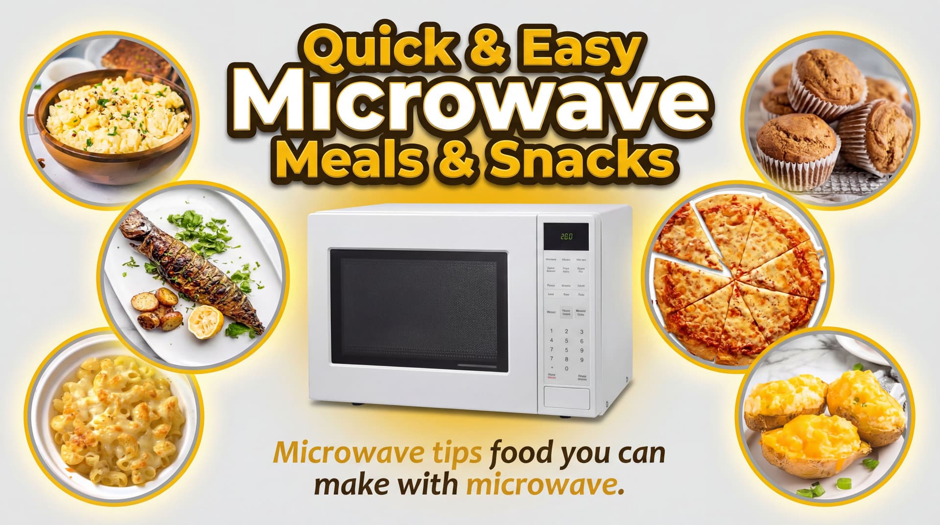 AI generated: Make a You Tube Thumbnail Showing a microwave and pop up foods in circle that show around it. Displa...