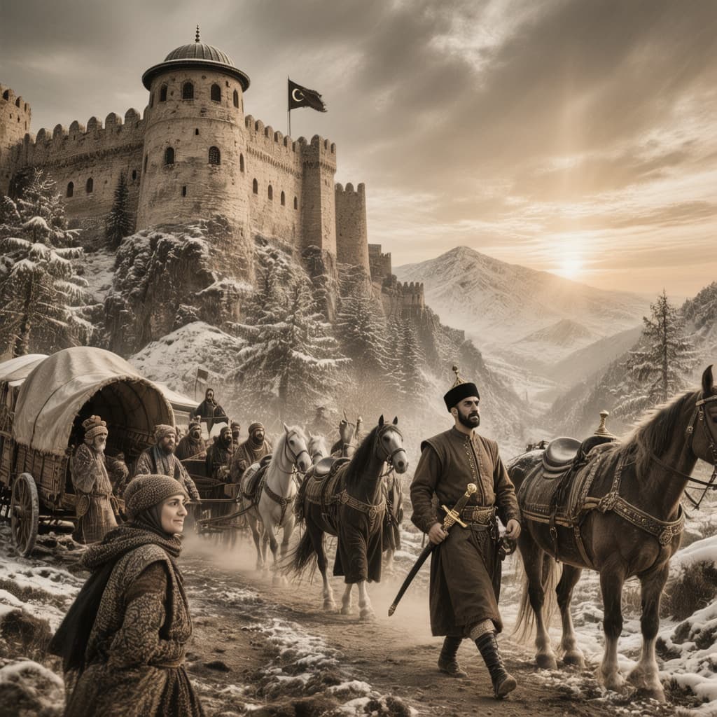 AI generated: Historical Ottoman scene 1510s, Yavuz Sultan Selim era, Amasya fortress background, brave Ottoman be...