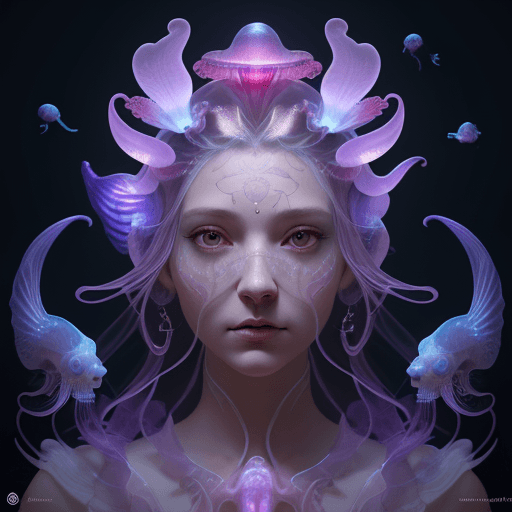 AI generated: Goddess close-up portrait ribcagel. jellyfish phoenix head, nautilus, orchid, skull, betta fish, bio...
