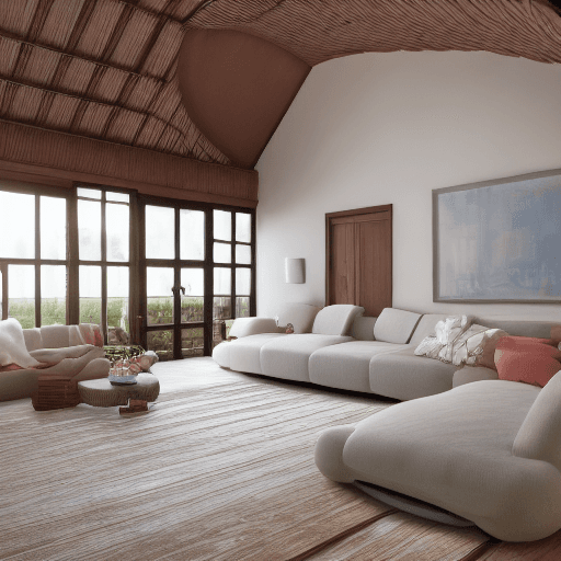 AI generated: High resolution photography interior design, dreamy sunken living room conversation pit, wooden floo...