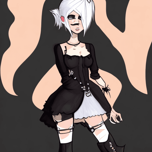 AI generated: Diives style, woman, Black dress, black boots, white hair, peach skin