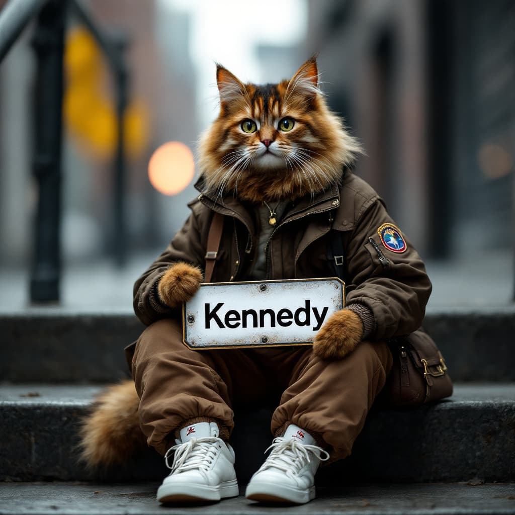 AI generated: anthropomorphic, a cat named ”street style KOL kitty” wearing dark brown flight jacket, holding a Fl...