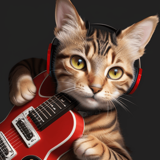 AI generated: High resolution tabby cat with three stripes on its forehead, a dot on its right eye, wearing headph...